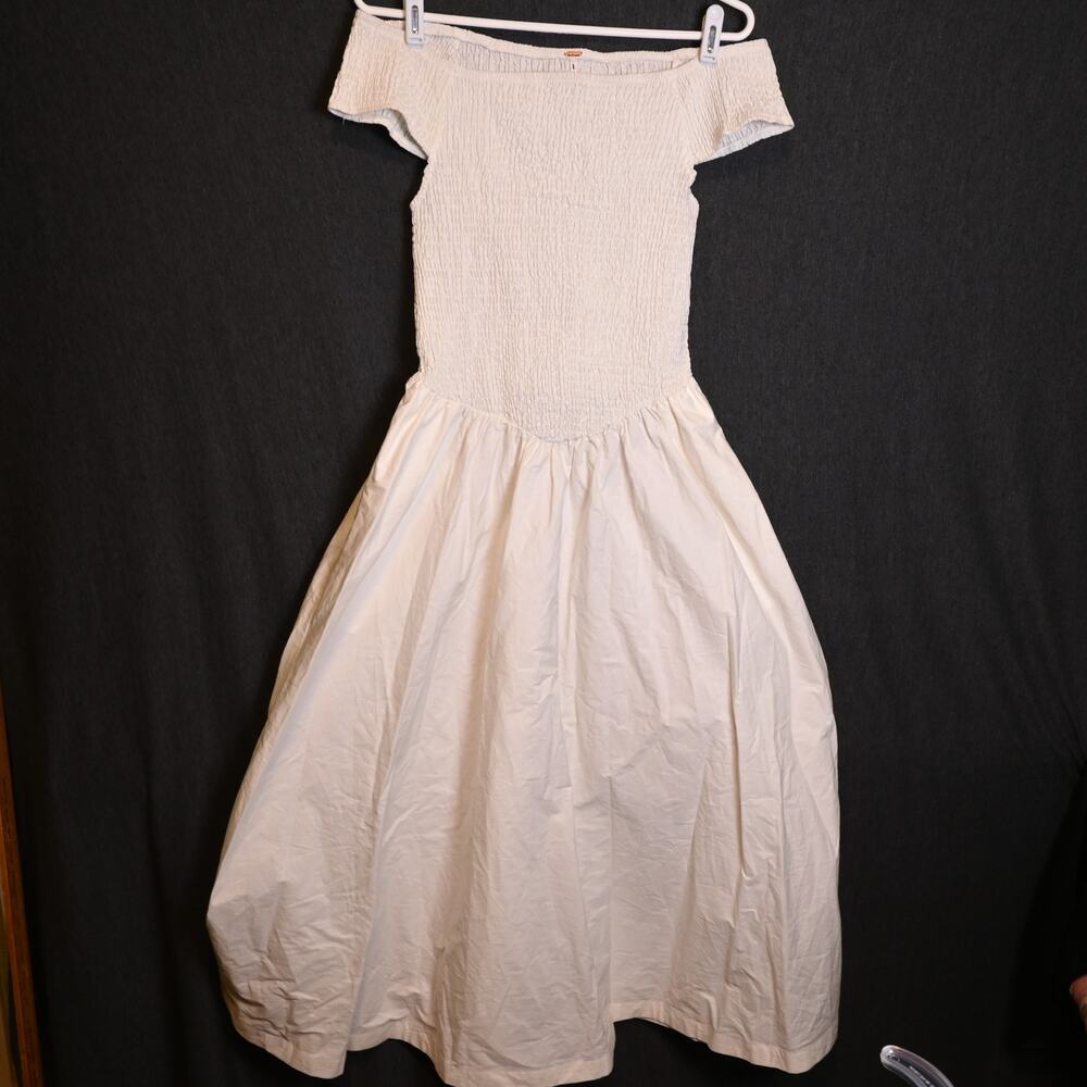 Free People Women's M Ceci Smocked Midi Dress White Off-Shoulder Cottagecore